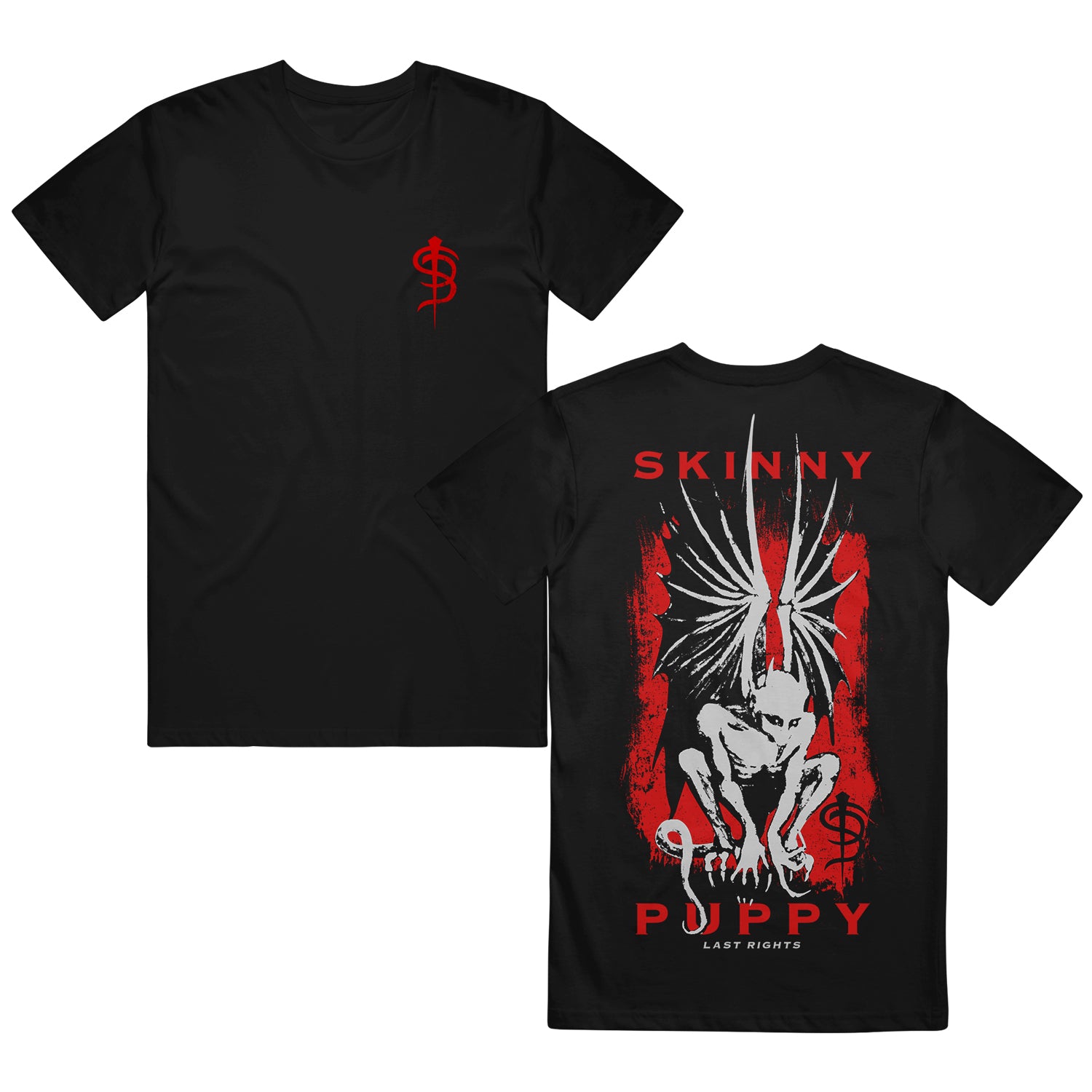 Image of the front and back of a black tshirt on a white background. The front of the shirt has the skinny puppy S P logo on the left chest area in red. The back of the shirt says Skinny at the top of the shirt in red, and Puppy at the bottom of the shirt in red. Below the word Puppy, in small white writing, there are the words Last Rights. In the center of the back of the shirt is a red background with a white and black gargoyle creature. Next to the creature is a black skinny puppy SP logo.
