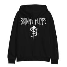 Image of the back of a Black hooded sweatshirt on a white background. The back of the hoodie by the shoulder area says Skinny Puppy and below that features the SP logo. The back print on the hoodie is in white.