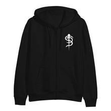 Image of the front Black hooded sweatshirt on a white background. The front of the hoodie on the left chest is the skinny puppy SP logo in white. 