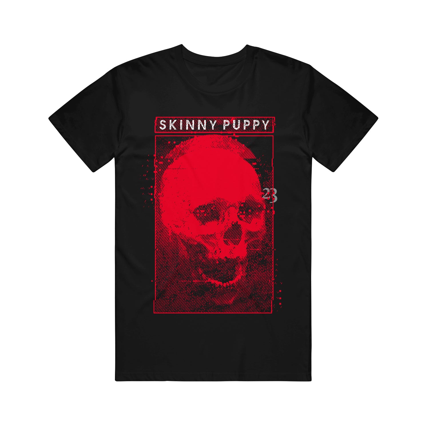 Photo of a black tshirt on a white background. There is a thin red lined rectangle going across the chest of the shirt with the words Skinny Puppy inside the rectangle in white. Below that is a long, thin lined rectangle in red going down the length of the shirt with a red skull on the inside. Near the skulls eye there is the number 23 in grey. Little circular specks of red are outside the rectangle. The skull has a glitch effect on it, making it look almost 3d.